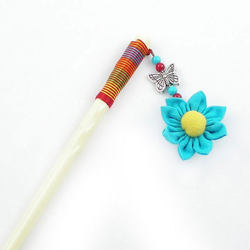 Cattle Bone Hair Stick Flower Blue 6.6 In